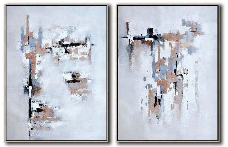 Contemporary Art Acrylic Painting,Set Of 2 Contemporary Art On Canvas,Hand Made Original Art,Grey,White,Violet Ash,Black.etc